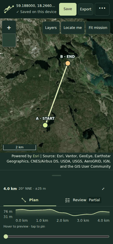 Straight Line Planner on a phone with an illustrative reference line, mobile mission controls and visible map attribution.